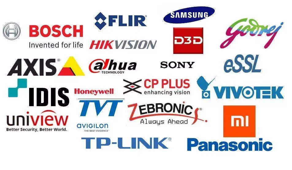 Logos de marcas CCTV soportadas: Bosch, FLIR, Samsung, Hikvision, Dahua, Axis, IDIS, TVT, Honeywell, Avigilon, Sony, Vivotek, Panasonic, TP-Link, Xiaomi, uniview, CP Plus, eSSL, D3D, Godrej, Zebronics